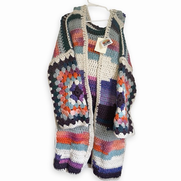 Rare One Of One Merino Wool Hand Crochet Luxury Granny Hooded Cardigan L-XXL - Picture 4 of 10